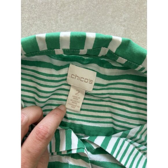 CHICO'S Button Down Shirt Womens Size 2 100% Cotton Green White Stripe Resort - Picture 6 of 8